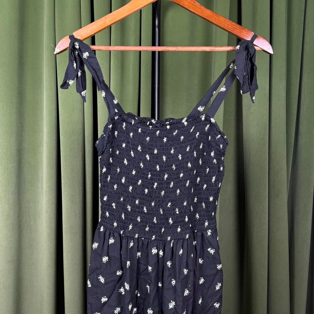 Hollister Womens Black Floral Smocked Tie Shoulder Wide Leg Jumpsuit Size M